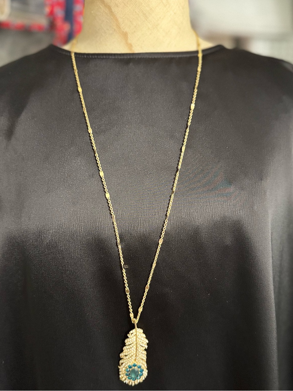 Talbots Gold Feather Pendant Necklace with Teal Accent